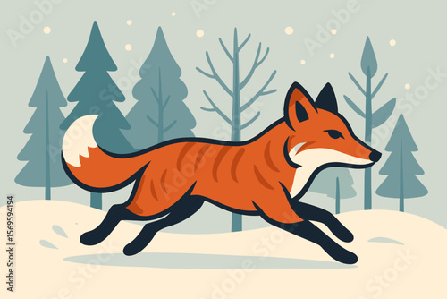 Red Fox Running Through Snowy Winter Forest, Evergreen Trees, Wildlife Animal, Modern Flat Vector Cartoon Illustration, Nature Scene, Forest Mammal, Seasonal Snow Landscape
