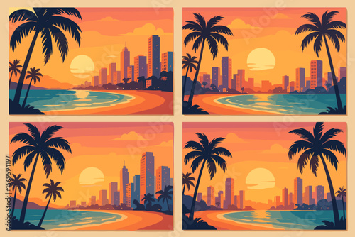 Tropical City Beach Sunset Postcards Collection. Urban Skyline, Palm Trees, Paradise Coastline, Vibrant Sunset, Seaside Cityscape, Exotic Vacation, Modern Buildings, Oceanfront, Summer Travel