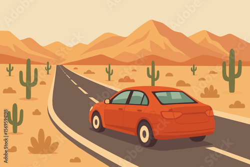 Red Car Driving on Desert Highway, Road Trip Adventure, Cactus Landscape, Mountain Sunset, Travel Concept, Flat Vector Illustration, Summer Journey, Scenic Route, Modern Cartoon