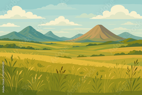 Vast Steppe Prairie Landscape Vector Illustration. Rolling Meadows, Tall Steppe Grasses, Open Fields, Distant Mountains, Blue Sky, Scenic Nature, Tranquil Countryside, Summer Horizon