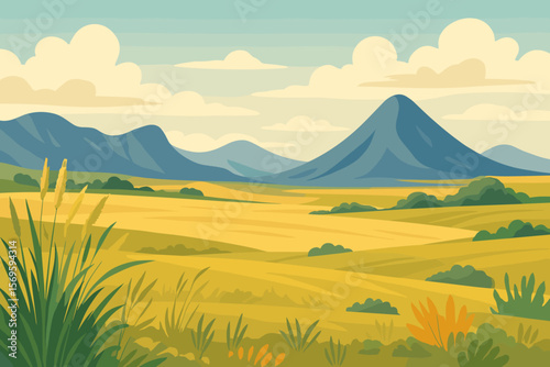 Vast Steppe Prairie Landscape Vector Illustration. Rolling Meadows, Tall Grasses, Wildflowers, Distant Blue Mountains, Scenic Fields, Nature Horizon, Serene Countryside, Open Sky