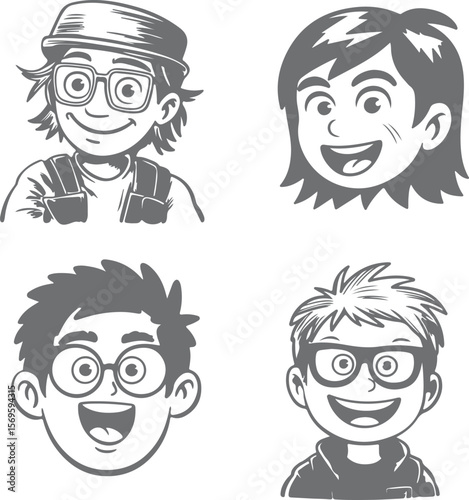 Cheerful cartoon faces of children with glasses and hats happy smiling