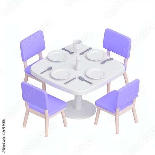 Isometric illustration of a dining table setting with four chairs, plates, cutlery, and a central salt shaker, arranged for a meal.