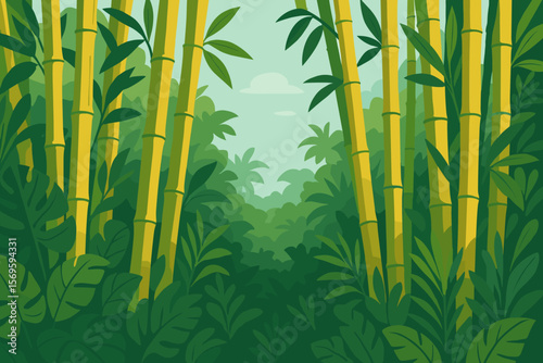 Bamboo Forest Jungle, Dense Tropical Grove, Exotic Green Leaves, Lush Rainforest Vegetation, Nature Landscape, Bamboo Stalks, Jungle Foliage, Summer Season, Tranquil Wilderness