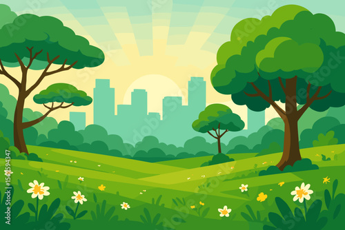 Urban Park Sunrise Landscape. Green Meadow, Wildflowers, Trees, City Skyline Silhouette. Nature and City Harmony, Summer Morning, Eco Urban Scene, Environmental Concept, Outdoor Recreation