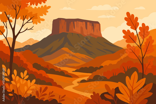 Majestic Autumn Tepui Table Mountain Landscape, Latin America, Roraima, Mesa, Scenic Valley, Fall Foliage, Nature Travel, Vector Illustration