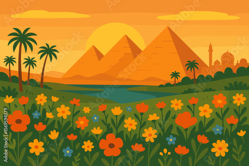 Summer Floral Field with Egyptian Pyramids, Palm Trees, Nile River, Mosque Silhouette, Vibrant Flowers, Scenic Landscape, Ancient Egypt, Travel Destination, Nature Illustration