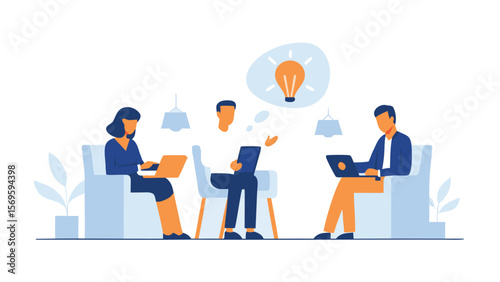 Illustration of three people sitting with laptops and a lightbulb idea above one person, brainstorming session