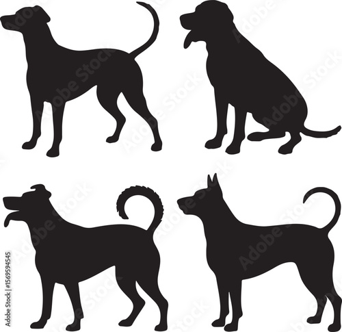 Four black dog silhouettes standing and sitting white