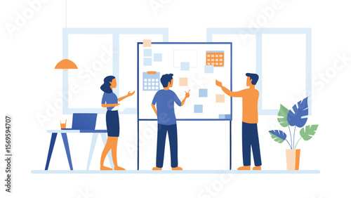 People collaborating on a whiteboard with sticky notes in a bright office environment setting scene