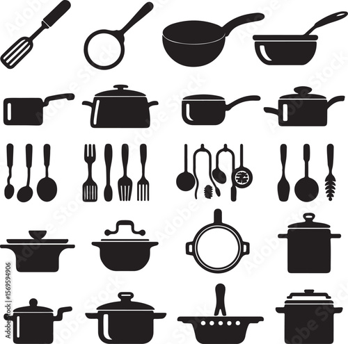 Kitchenware cooking utensils pots pans ladles spatulas vector