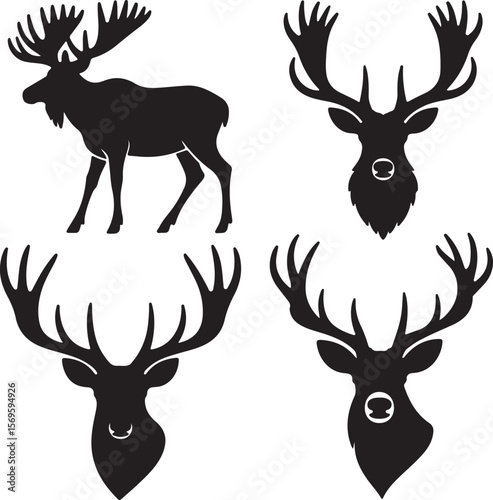 Moose and deer head silhouettes with large antlers vector