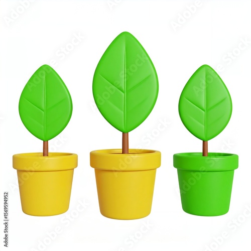 Three stylized cartoon potted plants with green leaves and varying pot colors on a clean white background, perfect for nature and growth concepts.