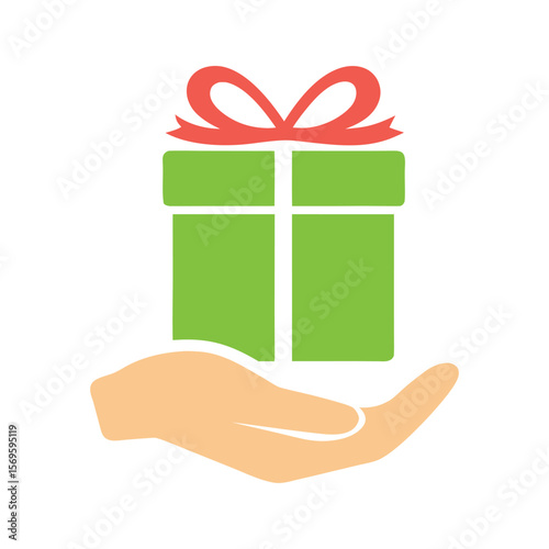 Hand Holding Green Gift Box With Red Ribbon Bow vector