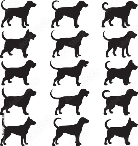 Multiple dog silhouettes in various poses black white