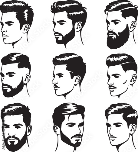 Stylized male portraits with varied hairstyles and facial hair silhouette black and white