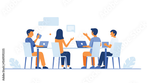 People sitting around a table with laptops and speech bubbles in a meeting or working environment view