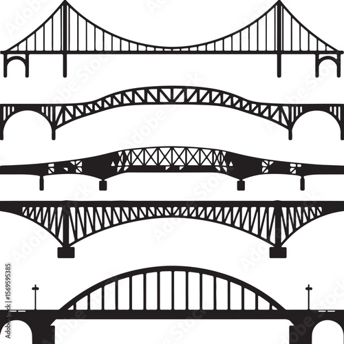 Suspension truss arch girder and beam bridge silhouettes vector