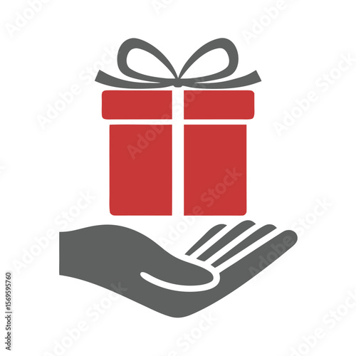 Red gift box with grey ribbon on open palm present
