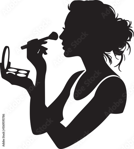 Woman applying makeup with brush and compact silhouette beauty
