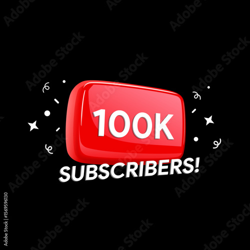 100K Subscribers banner. One hundred thousand followers. Social media blog achievement. Video vlog milestone. Content creator stats badge. Vector illustration design.