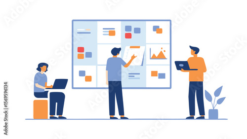 Three people collaborating on a project with a kanban board and laptops in a modern office space