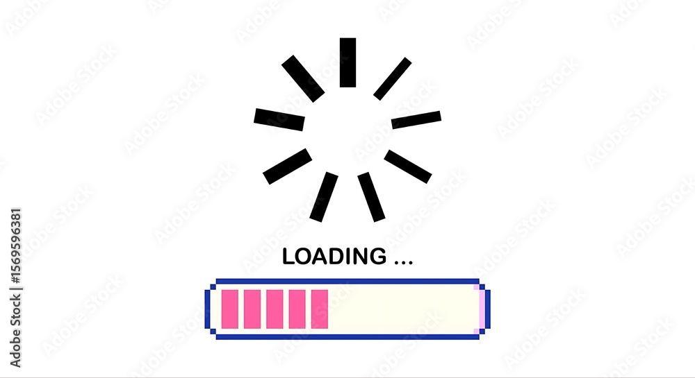 A simple pixel-art loading screen displays a progress bar and rotating wheel. A simple pixel-art loading screen displays a progress bar and rotating wheel.