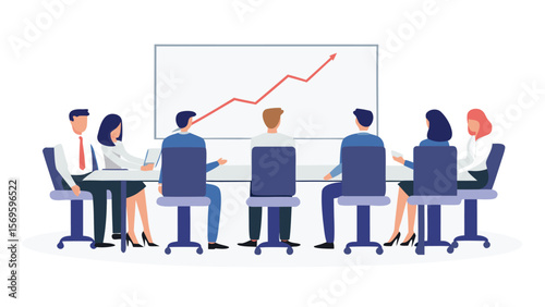 Business meeting with upward trending graph on screen in a conference room setting visual