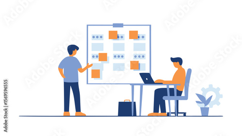 Two people collaborating on a project with sticky notes on a board and a laptop on a desk near them