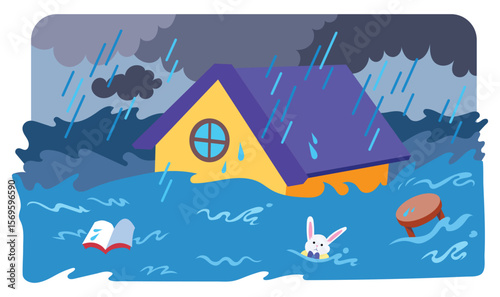 Yellow and blue colored house sinking or drowning in flood water with gloomy rainy weather. Simple flat cartoon art styled colorful drawing isolated on horizontal background.