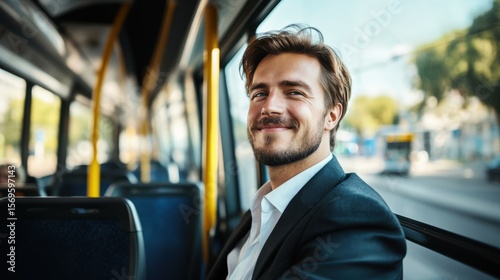 Young Professional Man Smiling During His Morning Commute by Bus