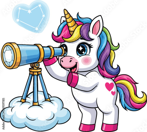 Cute cartoon unicorn looking through a telescope at the stars on a cloud.
