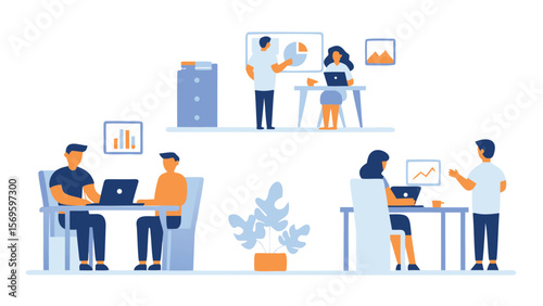 Illustration of people working in an office environment with computers and presentation boards displayed