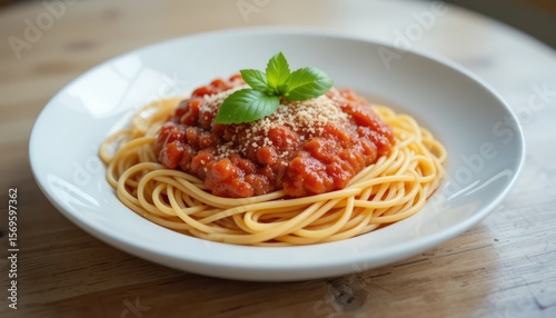 Spaghetti pasta with tomato sauce, basil, and meatballs
