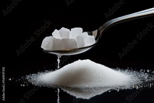 Spoon pouring sugar cubes over a pile of granulated sugar on a reflective black background, illustrating excessive sugar consumption