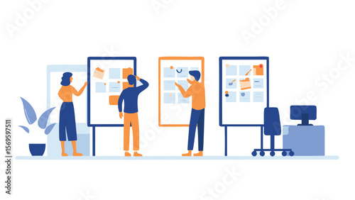 Three people collaborating on project planning using sticky notes on whiteboards in an office space