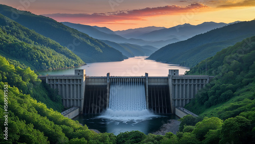 Water dam releasing water into river valley at sunset