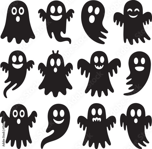 Black ghost silhouettes with various facial expressions white halloween