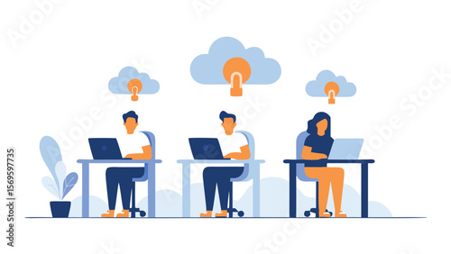 Three people working on laptops under cloud icons with security locks in a bright and clean office space