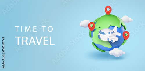 3D earth globe with pinpoints and airplane online travel service, Pin location point marker, travel poster. Around the world trip by plane. Delivery icon 3d vector render illustration