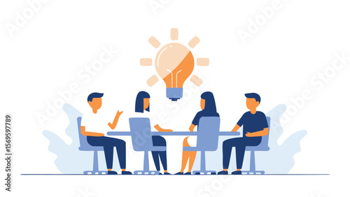 People sitting around a table having a meeting with a lightbulb above them representing an idea