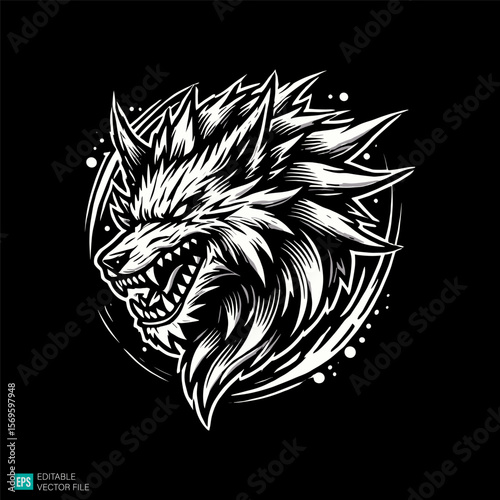 Wolf head with splash  illustration style vector black and white background templates