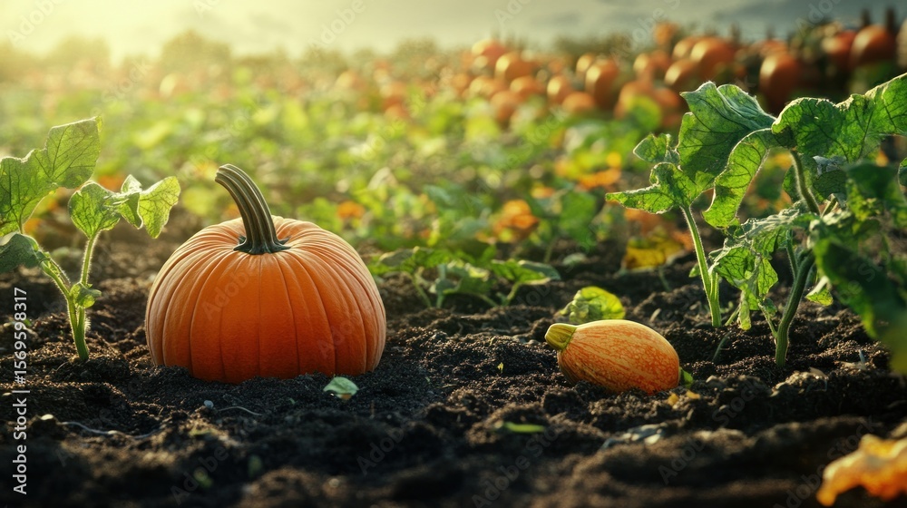 Fototapeta premium Orange pumpkin in a field of pumpkins