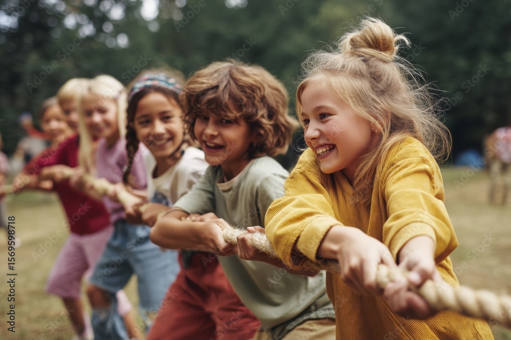 Fototapeta premium A lively group of children is engaged in a tug-of-war game during summer camp. They are pulling the rope with all their might, sharing joyful laughter in a beautiful outdoor setting