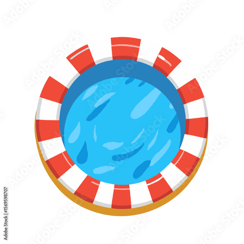 Red and white lifebuoy floating in blue water on white background  