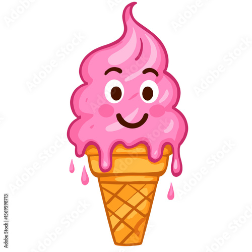 Cartoon ice cream cone with smiling face and melting pink topping  