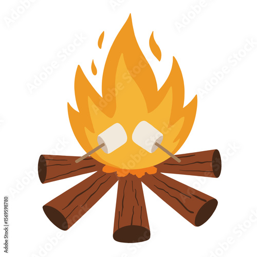 Campfire with marshmallows roasting over wooden logs  