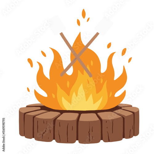 Campfire with flames and wooden log seating around it  