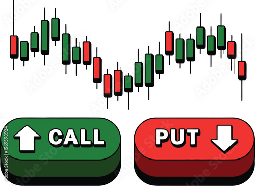 Candlestick chart with call and put buttons on a light green background in a stylized illustration
