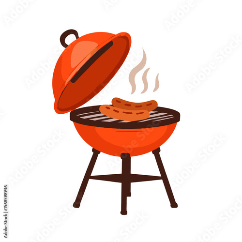 Red barbecue grill with sausages cooking and steam rising  